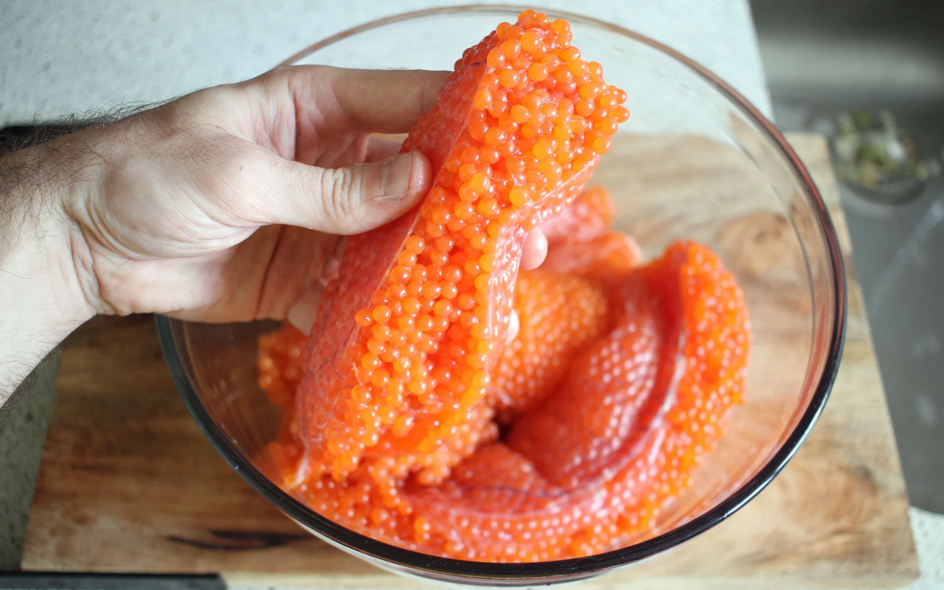 Intact sack of salmon roe.