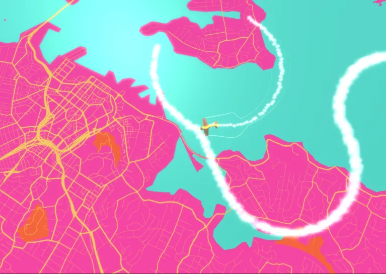 Top down view of a purple map of Auckland with a plane writing an arc in the sky.