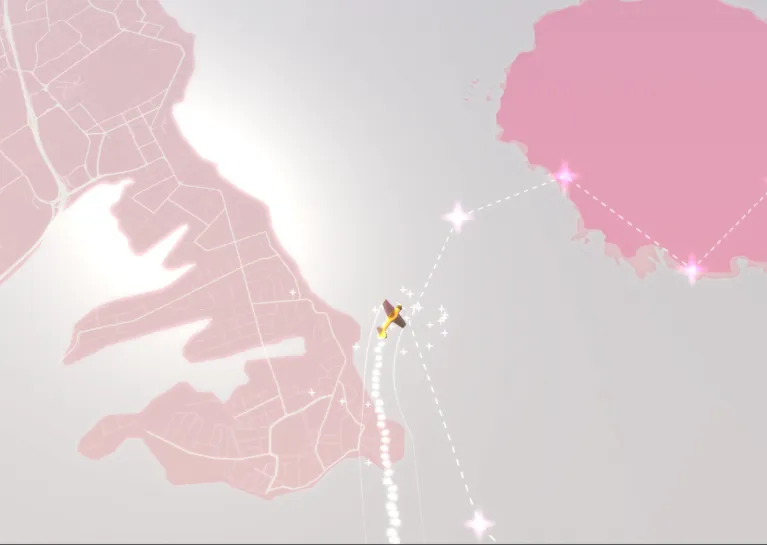 Top down view of a pink map of Auckland with a plane collecting stars in the sky.