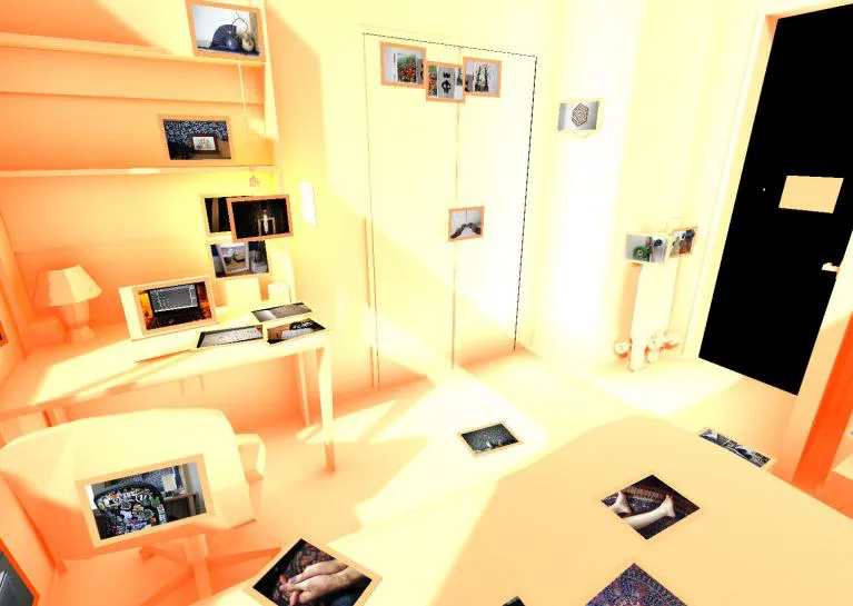 Screenshot of a clay render of a room with real life photos floating in space.