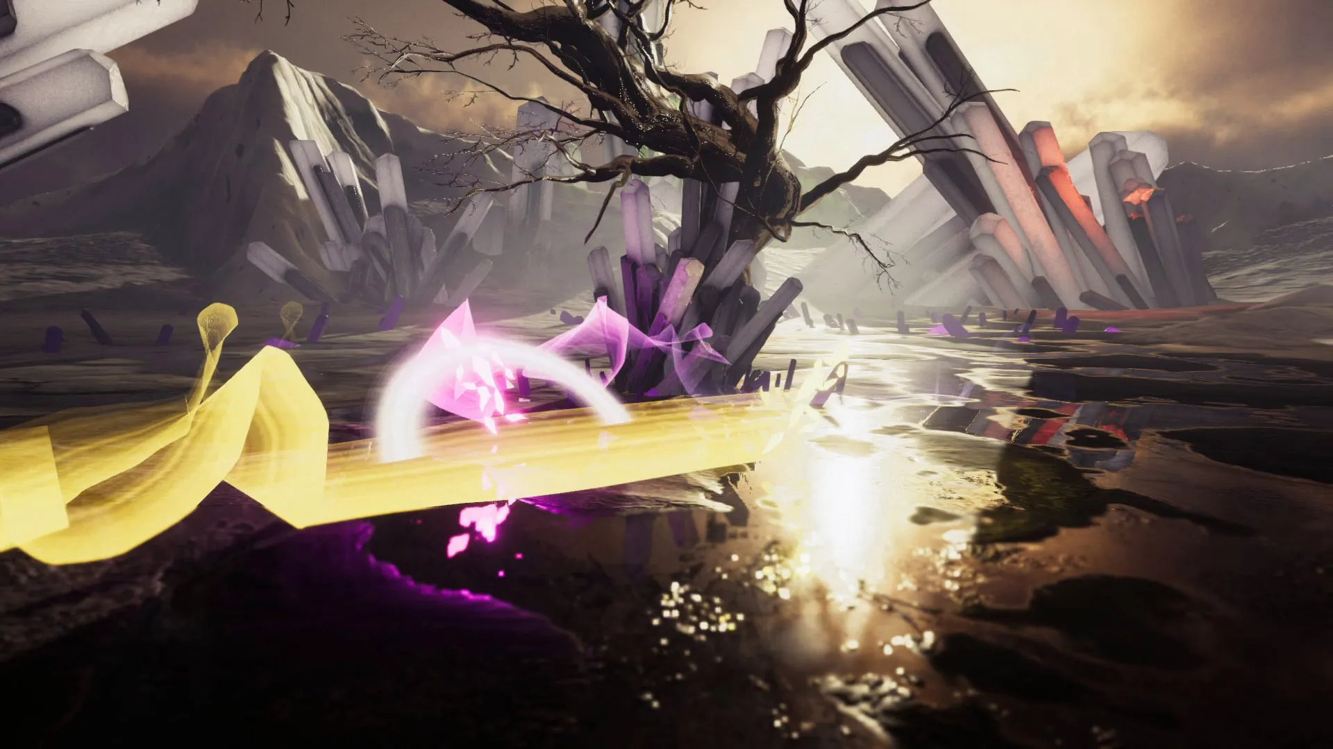 A neon yellow character dashing away from the magenta one, surrounded by giant crystals and a dead tree.