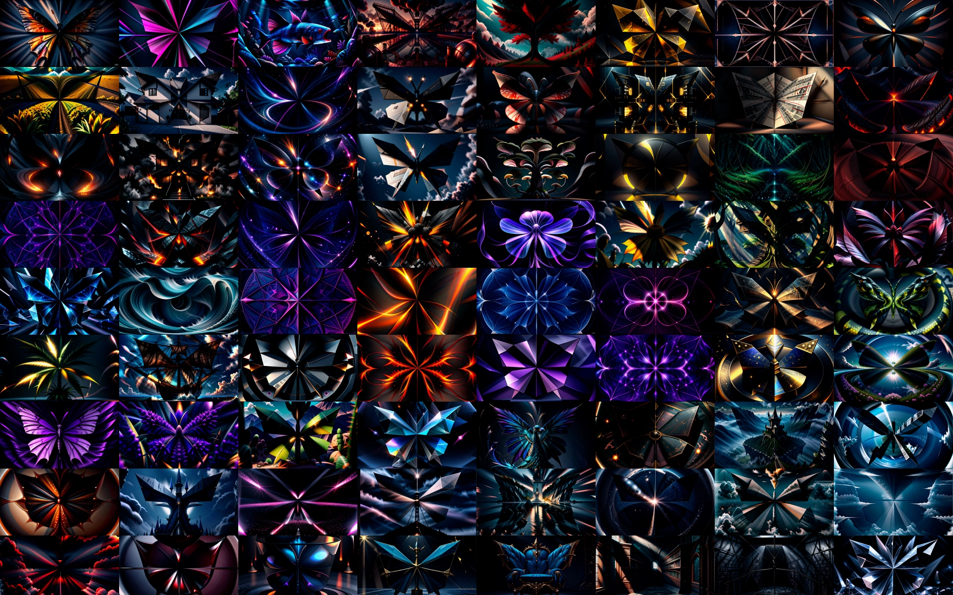 A collage of diffent butterfly shaped scenes that make up the projection loop for Morph 2026.