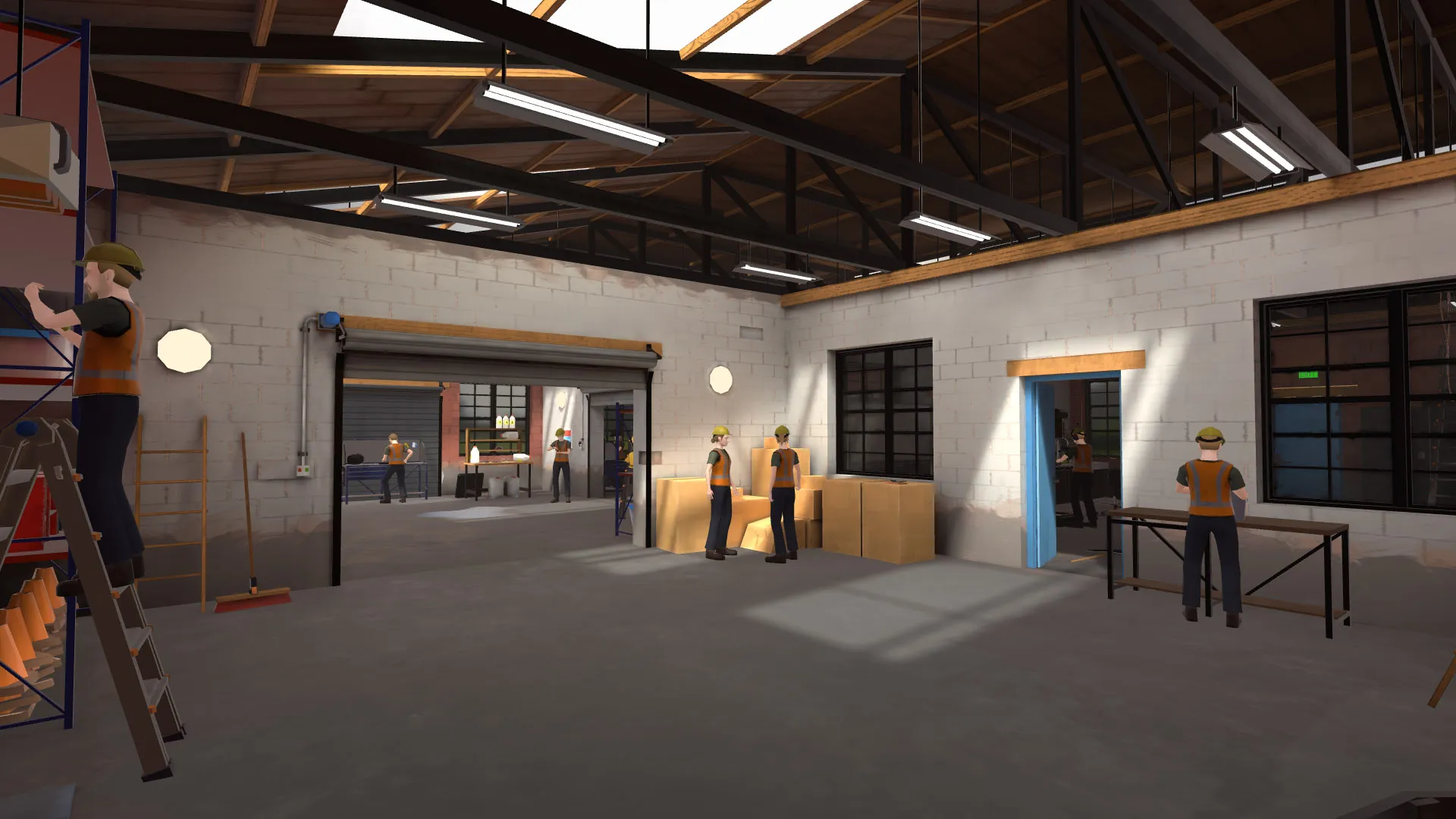 A 3D warehouse full of stuff with workers standing around.